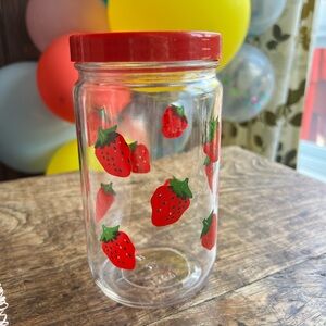 Large vintage glass jar, strawberry jar, strawberry print. Lidded jar